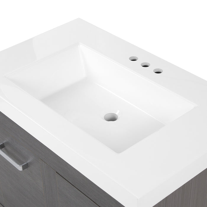 Predrilled sink on Marlowe 30.5 in gray woodgrain floating bathroom vanity with 1-door cabinet, 2 side drawers, and white sink top