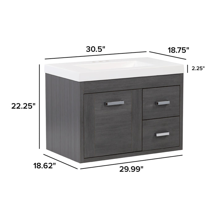 Measurements of Marlowe 30.5 in gray woodgrain floating bathroom vanity with 1-door cabinet, 2 side drawers, and white sink top: 30.5 in W x 18.75 in D x 22.25 in H