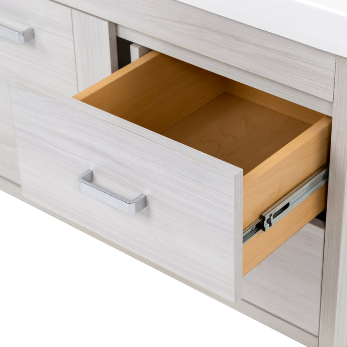 Open drawer on Marlowe 36.5 in gray woodgrain floating bathroom vanity with 1-door cabinet, 2 side drawers, polished chrome hardware, and white sink top
