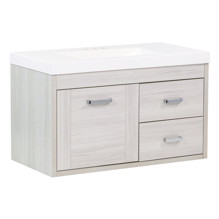 Angled view of Marlowe 36.5 in gray woodgrain floating bathroom vanity with 1-door cabinet, 2 side drawers, polished chrome hardware, and white sink top