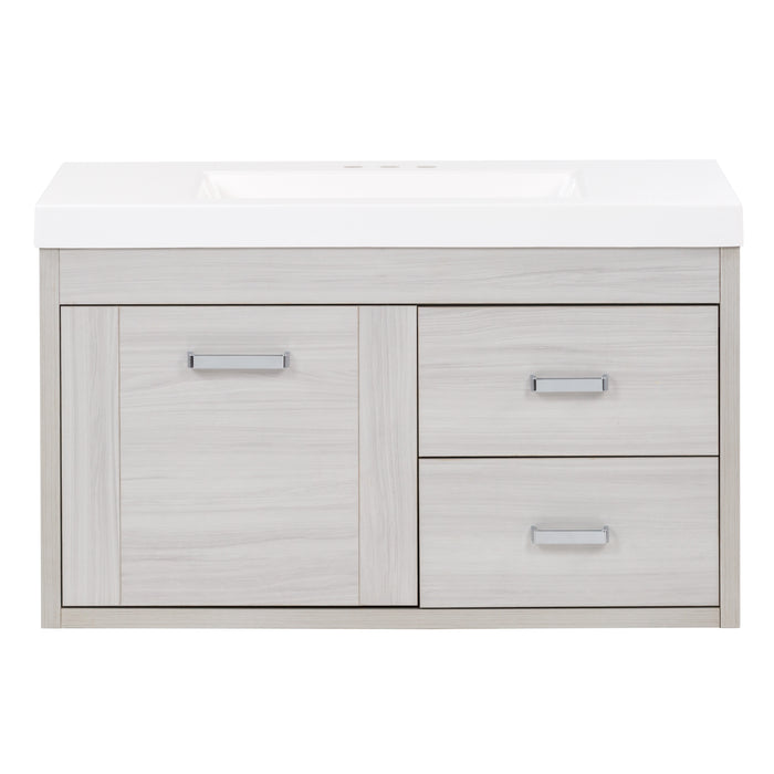Marlowe 36.5 in light gray woodgrain floating bathroom vanity with 1-door cabinet, 2 side drawers, polished chrome hardware, and white sink top