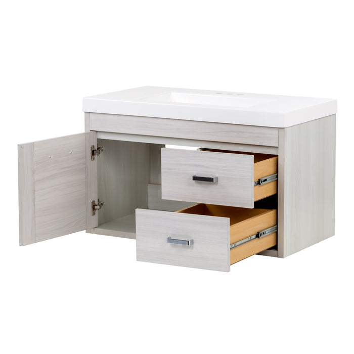 Open door and drawers on Marlowe 36.5 in gray woodgrain floating bathroom vanity with 1-door cabinet, 2 side drawers, polished chrome hardware, and white sink top