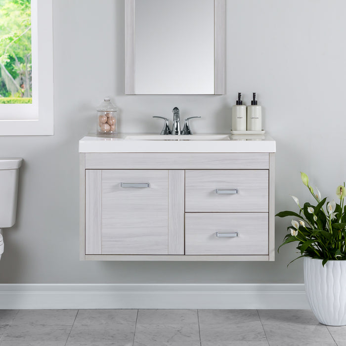 Marlowe 36.5 in gray woodgrain floating bathroom vanity with 1-door cabinet, 2 side drawers, polished chrome hardware, and white sink top mounted on wall with faucet and mirror