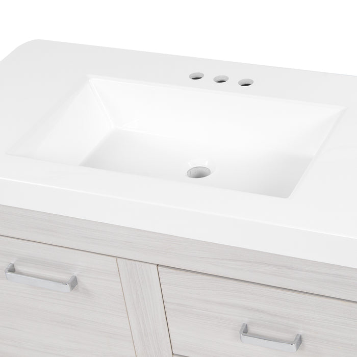 Predrilled sink top on Marlowe 36.5 in gray woodgrain floating bathroom vanity with 1-door cabinet, 2 side drawers, polished chrome hardware, and white sink top