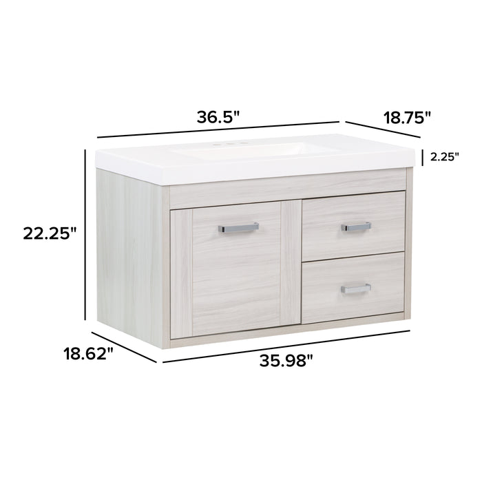Dimensions of Marlowe 36.5 in gray woodgrain floating bathroom vanity with 1-door cabinet, 2 side drawers, polished chrome hardware, and white sink top: 36.5 in W x 18.75 in D x 22.25 in H