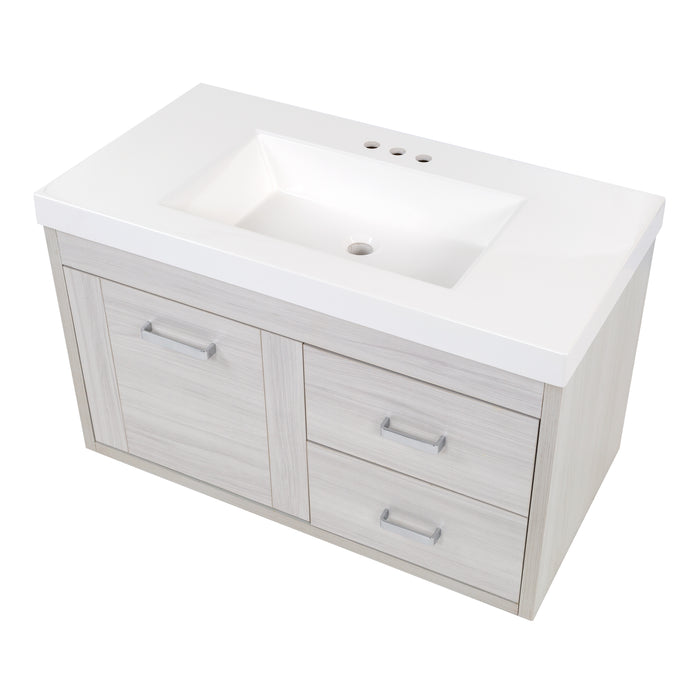 Top view of Marlowe 36.5 in gray woodgrain floating bathroom vanity with 1-door cabinet, 2 side drawers, polished chrome hardware, and white sink top