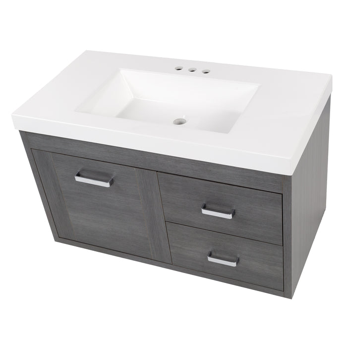 top view of Marlowe 36.5 in gray woodgrain floating bathroom vanity with 1-door cabinet, 2 side drawers, polished chrome hardware, and white sink top