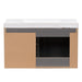 Open back on Marlowe 36.5 in gray woodgrain floating bathroom vanity with 1-door cabinet, 2 side drawers, polished chrome hardware, and white sink top