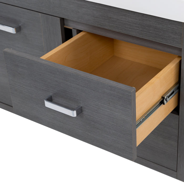 Open drawer on Marlowe 36.5 in gray woodgrain floating bathroom vanity with 1-door cabinet, 2 side drawers, polished chrome hardware, and white sink top
