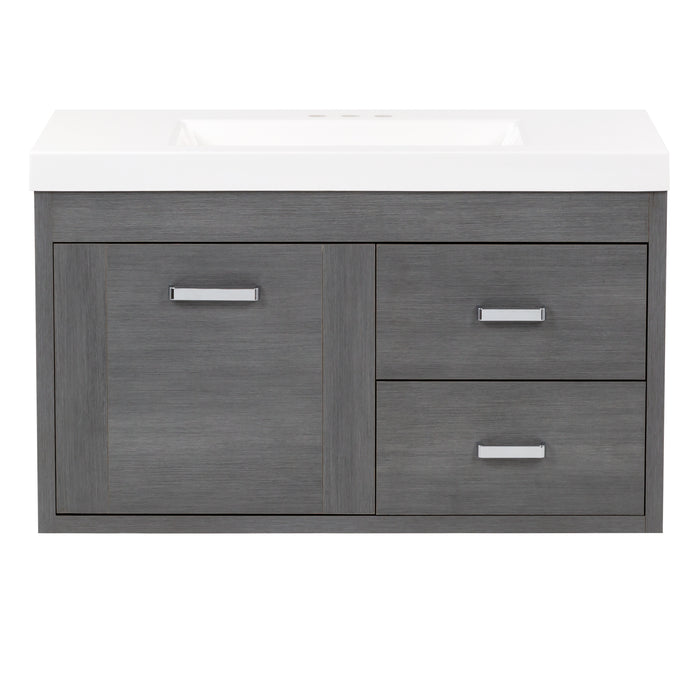 Marlowe 36.5 in gray woodgrain floating bathroom vanity with 1-door cabinet, 2 side drawers, polished chrome hardware, and white sink top