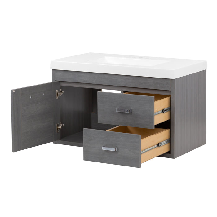 Open drawers and door on Marlowe 36.5 in gray woodgrain floating bathroom vanity with 1-door cabinet, 2 side drawers, polished chrome hardware, and white sink top