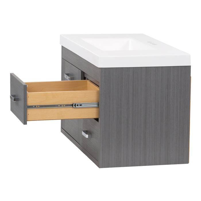 Side view with open drawer on Marlowe 36.5 in gray woodgrain floating bathroom vanity with 1-door cabinet, 2 side drawers, polished chrome hardware, and white sink top