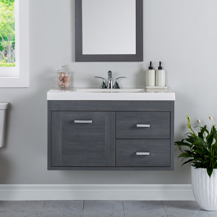 Marlowe 36.5 in gray woodgrain floating bathroom vanity with 1-door cabinet, 2 side drawers, polished chrome hardware, and white sink top mounted on bathroom wall with faucet and mirror