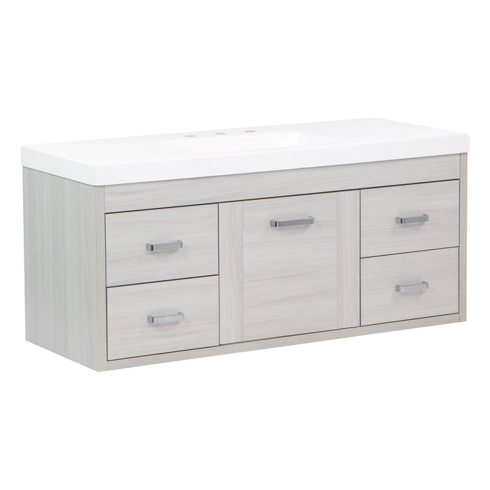 Angled view of Marlowe 48.5 in gray woodgrain floating bathroom vanity with 1-door cabinet, 4 drawers, polished chrome hardware, and white sink top