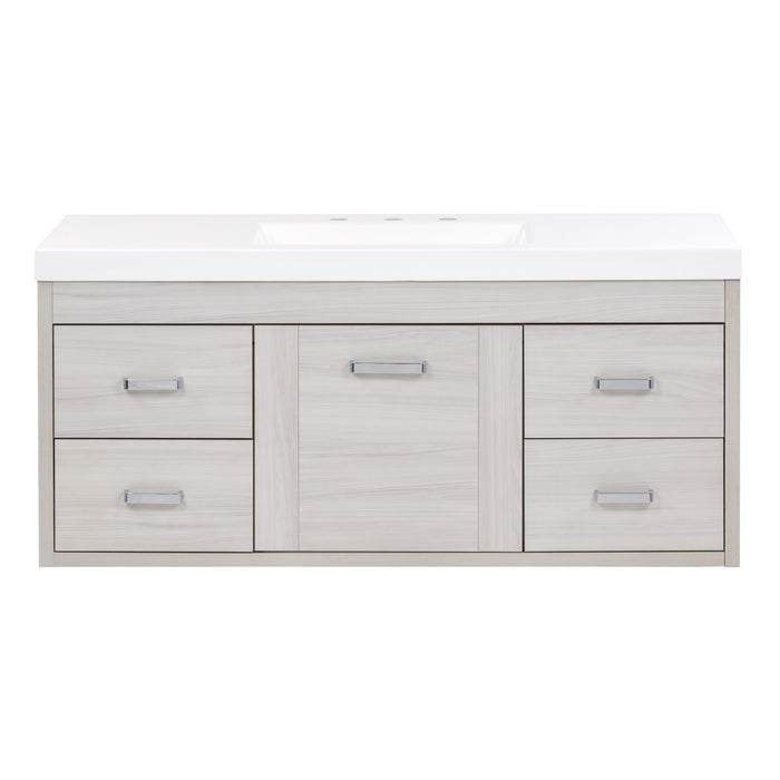 Marlowe 48.5 in light gray woodgrain floating bathroom vanity with 1-door cabinet, 4 drawers, polished chrome hardware, and white sink top