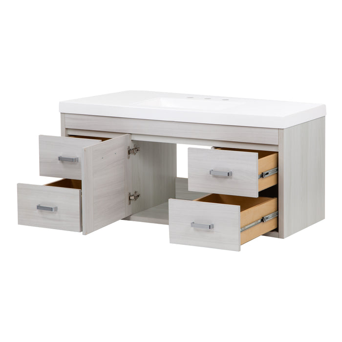 Open door and drawers on Marlowe 48.5 in gray woodgrain floating bathroom vanity with 1-door cabinet, 4 drawers, polished chrome hardware, and white sink top