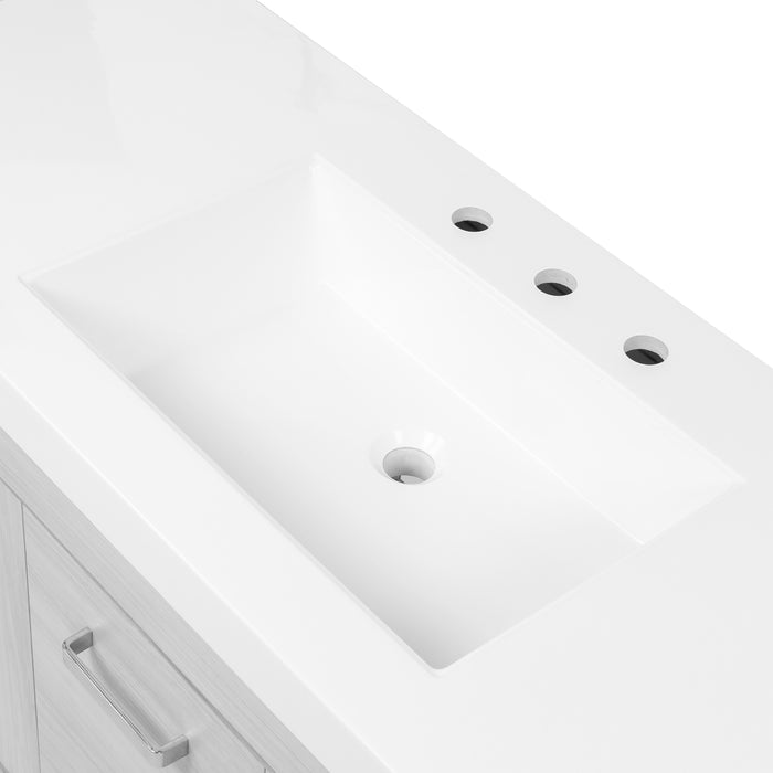 Predrilled sink top on Marlowe 48.5 in gray woodgrain floating bathroom vanity with 1-door cabinet, 4 drawers, polished chrome hardware, and white sink top