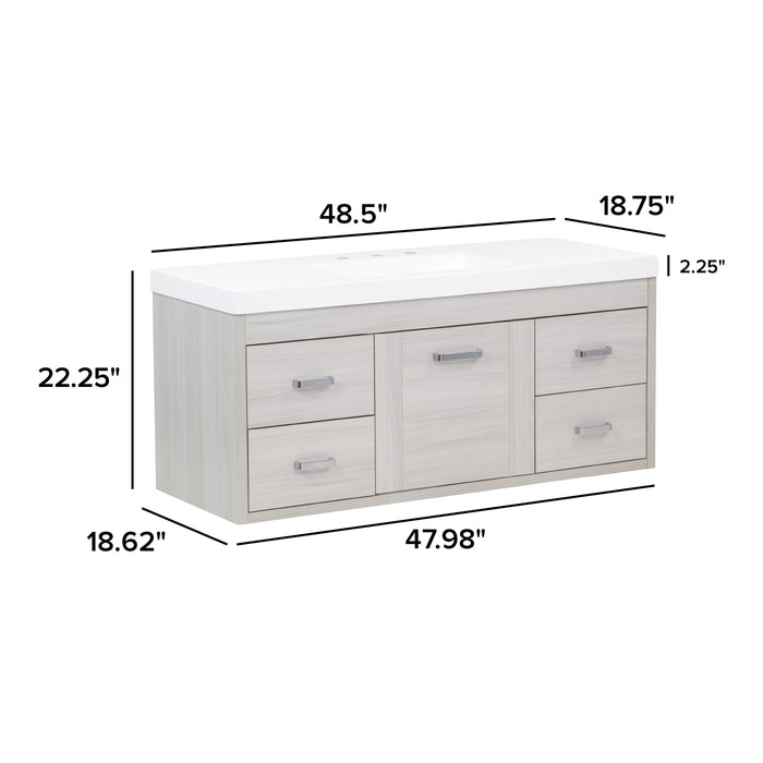 Measurements of Marlowe 48.5 in gray woodgrain floating bathroom vanity with 1-door cabinet, 4 drawers, polished chrome hardware, and white sink top: 48.5 in W x 18.75 in D x 22.25 in H