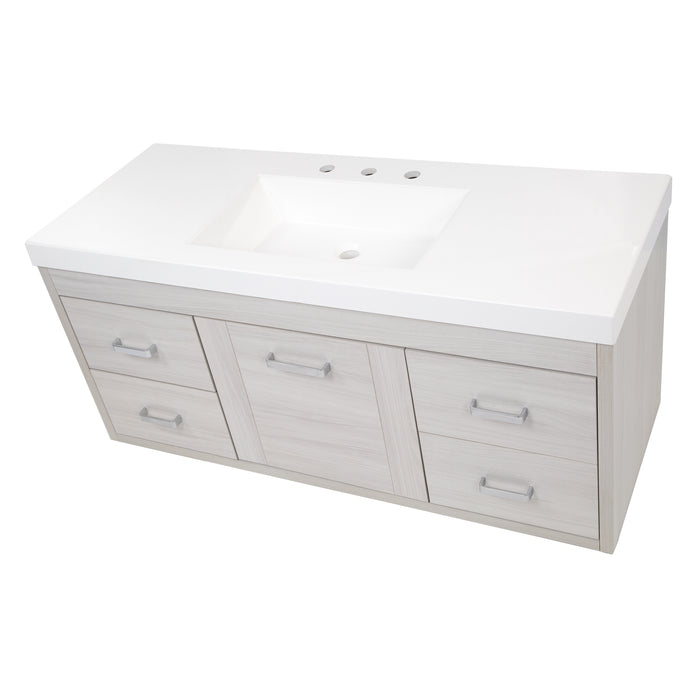 Top-down view of Marlowe 48.5 in gray woodgrain floating bathroom vanity with 1-door cabinet, 4 drawers, polished chrome hardware, and white sink top