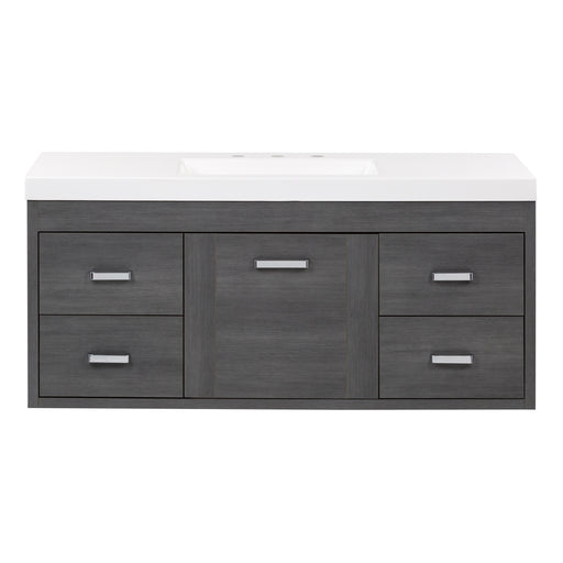 Marlowe 48.5 in gray woodgrain floating bathroom vanity with 1-door cabinet, 4 drawers, polished chrome hardware, and white sink top
