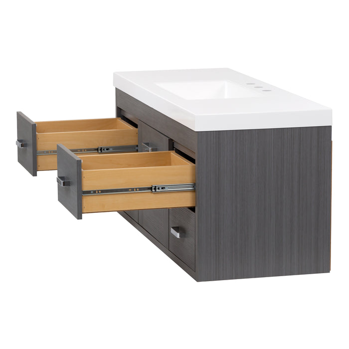 Open top drawers on Marlowe 48.5 in gray woodgrain floating bathroom vanity with 1-door cabinet, 4 drawers, polished chrome hardware, and white sink top