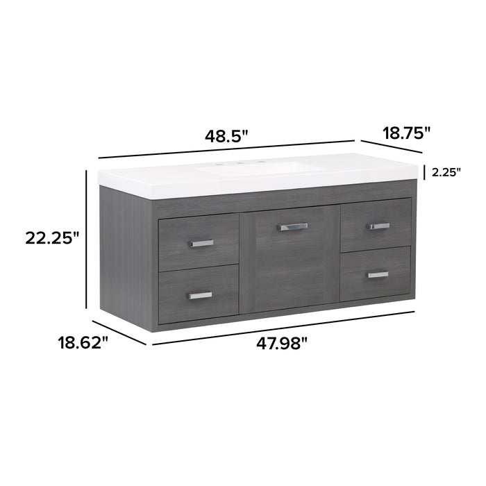 Measurements of Marlowe 48.5 in gray woodgrain floating bathroom vanity with 1-door cabinet, 4 drawers, polished chrome hardware, and white sink top: 48.5 in W x 18.75 in D x 22.25 in H