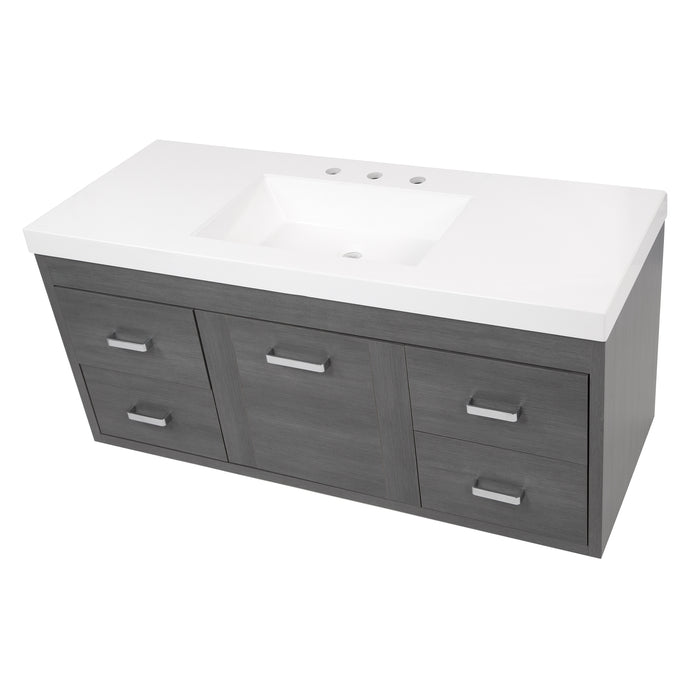 Top view of Marlowe 48.5 in gray woodgrain floating bathroom vanity with 1-door cabinet, 4 drawers, polished chrome hardware, and white sink top