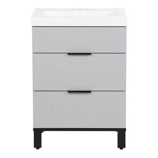 Mayim 24.5 small gray bathroom vanity with 2 drawers, black adjustable legs, black ledge pulls, and white sink top