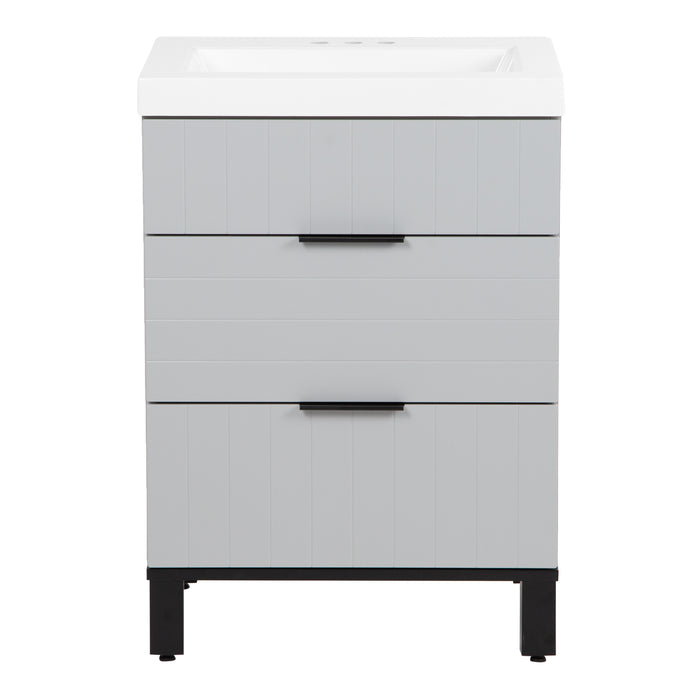 Mayim 24.5 small gray bathroom vanity with 2 drawers, black adjustable legs, black ledge pulls, and white sink top