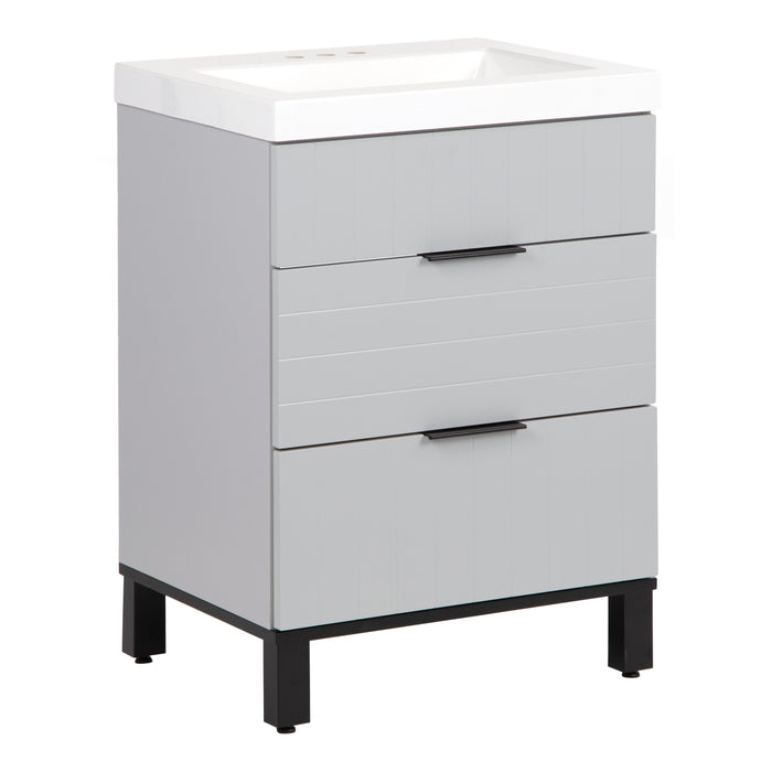Angled view on Mayim 24.5 small gray bathroom vanity with 2 drawers, black adjustable legs, black ledge pulls, and white sink top
