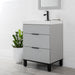 Mayim 24.5 small gray bathroom vanity with 2 drawers, black adjustable legs, black ledge pulls, and white sink top installed in bathroom with black faucet, mirror