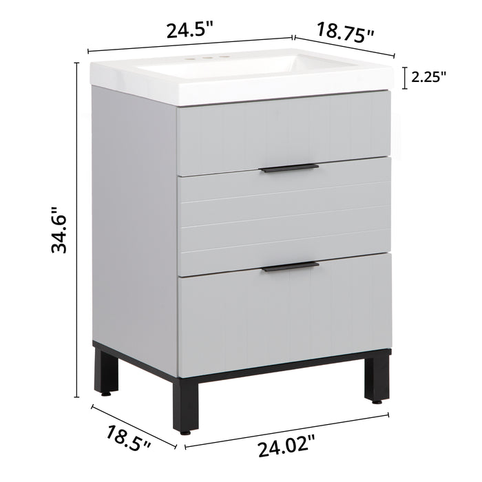 Measurements of Mayim 24.5 small gray bathroom vanity with 2 drawers, black adjustable legs, black ledge pulls, and white sink top: 24.5 in W x 18.75 in D x 34.6 in H