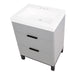 Top view of Mayim 24.5 small gray bathroom vanity with 2 drawers, black adjustable legs, black ledge pulls, and white sink top
