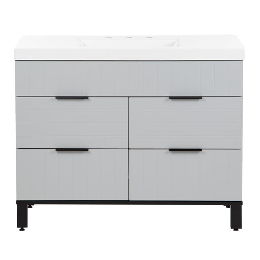 Mayim 42.5 light gray bathroom vanity with 4 drawers, square black legs, black ledge pulls, and white sink top