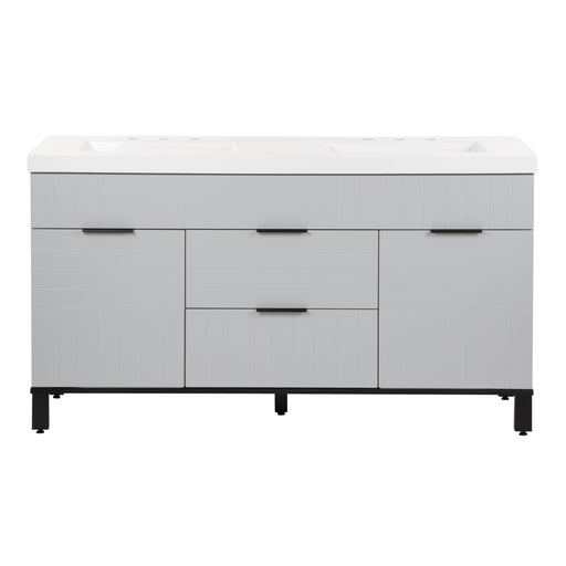 Mayim 60.5 light gray double bathroom vanity with 2 drawers, 2 cabinets, square black legs, black ledge pulls, and white sink top