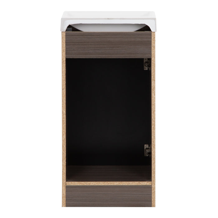 Open back of Merton 17" W vanity one door cabinet-style bathroom vanity with woodgrain finish