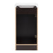 Open back of Merton 17" W vanity by Spring Mill Cabinets, single door medium woodgrain cabinet-style bathroom vanity