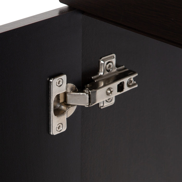 Close up of 6-way adjustable hinges on dark woodgrain, Merton bathroom vanity by Spring Mill Cabinets