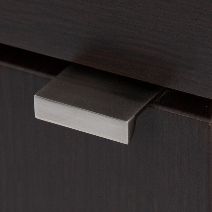 Satin nickel rectangular tab-style door pull on Merton 17" W vanity by Spring Mill Cabinets