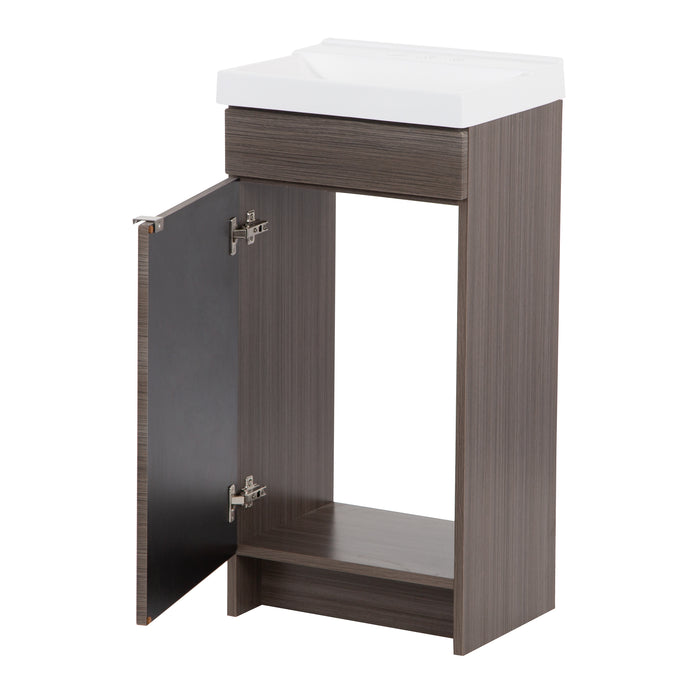 Door open on Merton 17" W woodgrain cabinet-style bathroom vanity with flat-panel door, satin nickel legde pull, white sink top