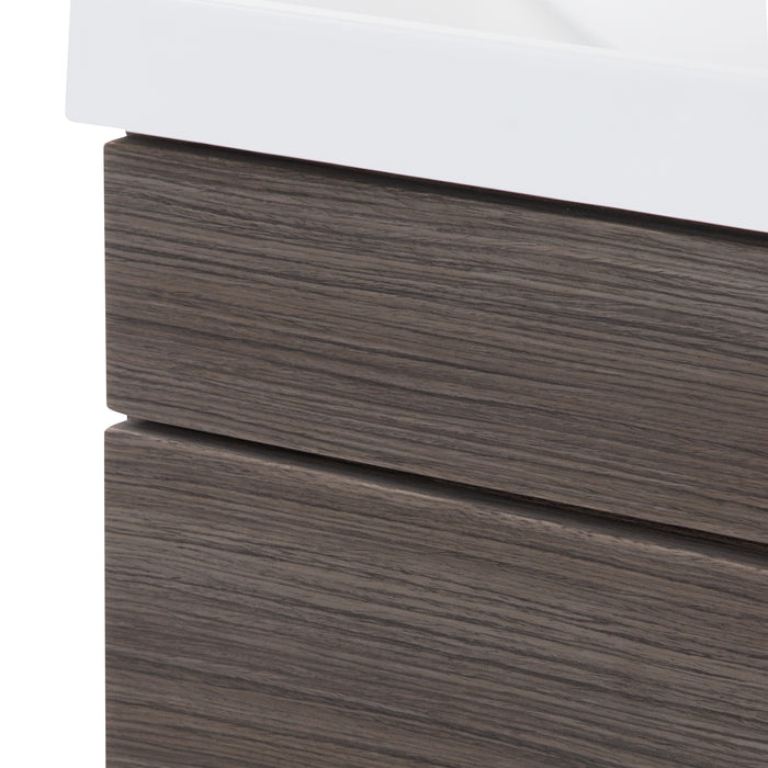 Close-up view of side of Merton 17" W cabinet-style bathroom vanity with white sink top