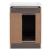Open back of Muriel 24.5" W dark woodgrain cabinet-style bathroom vanity, 1 flat-panel door, 2 side drawers, white sink top