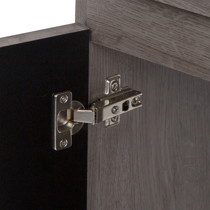 Close up of 6-way adjustable hinges on Muriel 24.5" W vanity by Spring Mill Cabinets