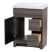 Two open drawers and open door on Spring Mill Cabinets Muriel 24.5" W dark woodgrain cabinet-style bathroom vanity, white sink top