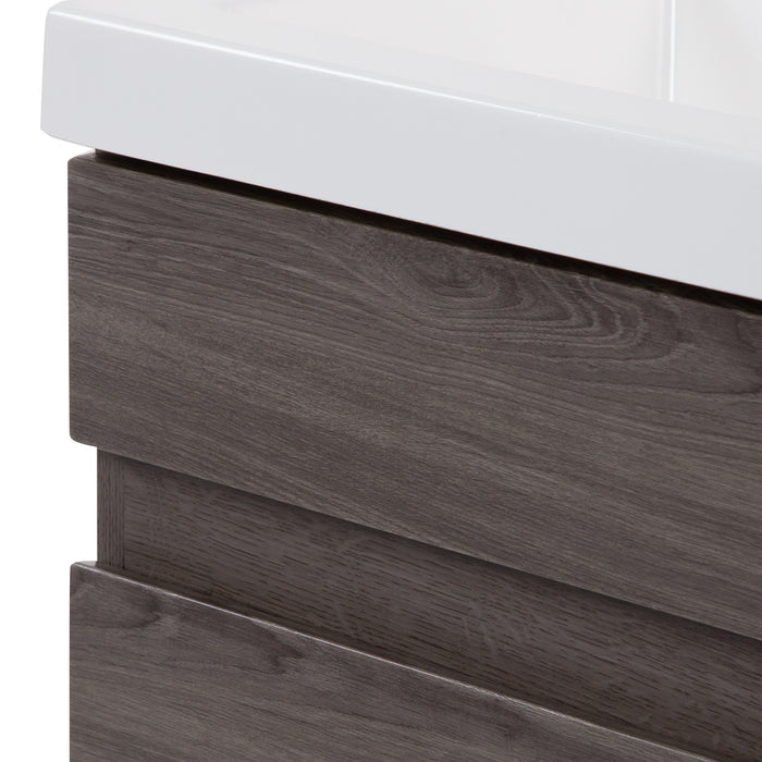 Closeup of edge of Muriel 24.5" W woodgrain cabinet-style bathroom vanity