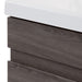 Closeup of edge of Muriel 24.5" W woodgrain cabinet-style bathroom vanity