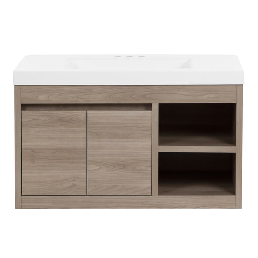Narelle 36.5 in. floating bathroom vanity with woodgrain laminate finish, 2-door cabinet, 2 open shelves, and white sink top