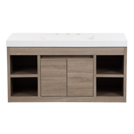 Narelle 42.5 in. floating bathroom vanity with woodgrain laminate finish, 2-door cabinet, 4 open shelves, and white sink top