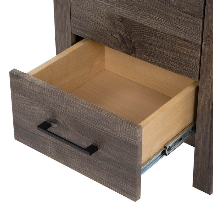 Closeup of open drawer with woodgrain finish front, natural finish interior in the Nixie 18.5" wide vanity