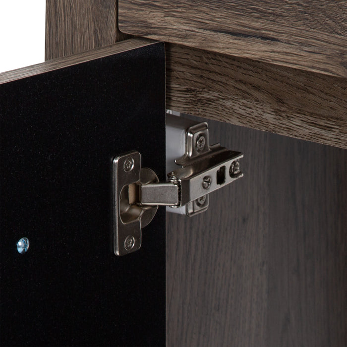 Closeup of 6-way adjustable hinges on Nixie 18.5" wide woodgrain finish bathroom vanity